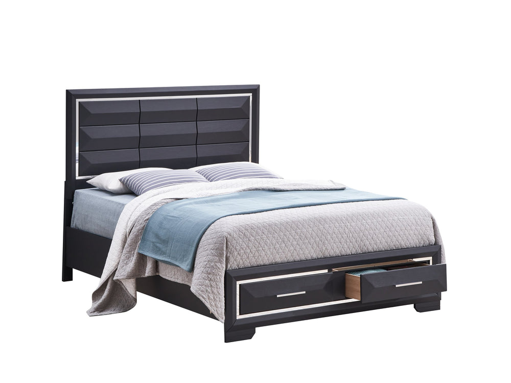 English Elm Liverpool King Bed with Matte Finish, Beveled Panel Headboard, Brushed Steel Accents & Storage Drawers Black 16 L x 33 W x 22 H B078S00559
