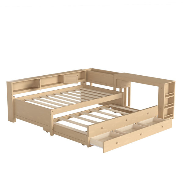 English Elm Twin Daybed Pine Frame with Trundle Desk Hutch Shelves and Storage for Kids Rooms Golden W1580S00460