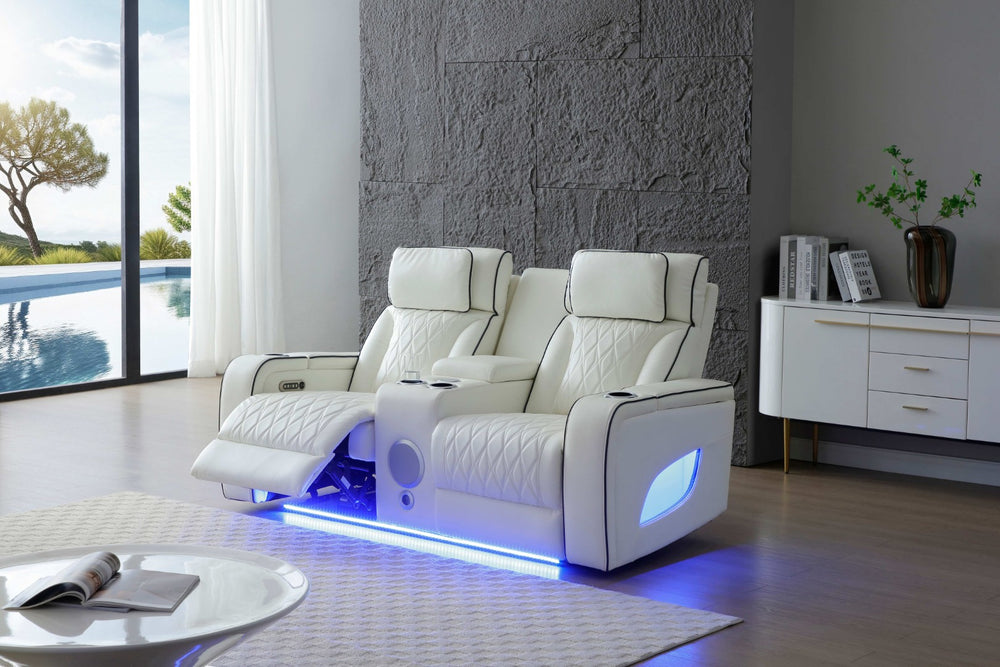 English Elm Lumin Power Reclining Loveseat with Led Lighting Bluetooth Speakers and Usb Ports White B078P497930