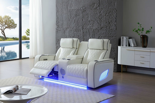 English Elm Lumin Power Reclining Loveseat with Led Lighting Bluetooth Speakers and Usb Ports White B078P497930