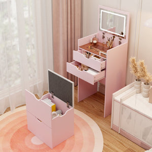English Elm Dressing Table Set with Led Lit Flip Mirror Hidden Stool and Dual Drawers for Small Spaces W5252P447390