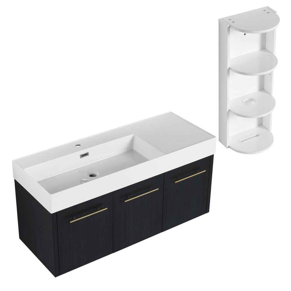 English Elm 48 Inch Wall-Mounted Bathroom Vanity Set With Left Basin Sink, Storage Rack & Soft-Close Hinges W999S00371
