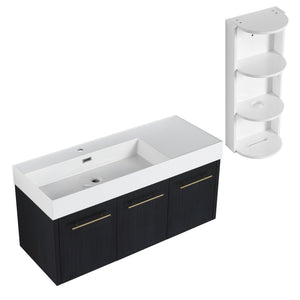 English Elm 48 Inch Wall-Mounted Bathroom Vanity Set With Left Basin Sink, Storage Rack & Soft-Close Hinges W999S00371