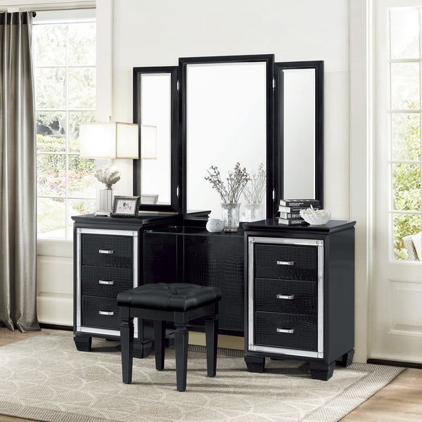 English Elm Modern Allura Tufted Vanity Stool with Acrylic Crystal Accent, Luxurious Faux Leather Seat, Chic Bedroom Accent Piece Black 18.5 L x 17 W x 8.5 H B011P366050