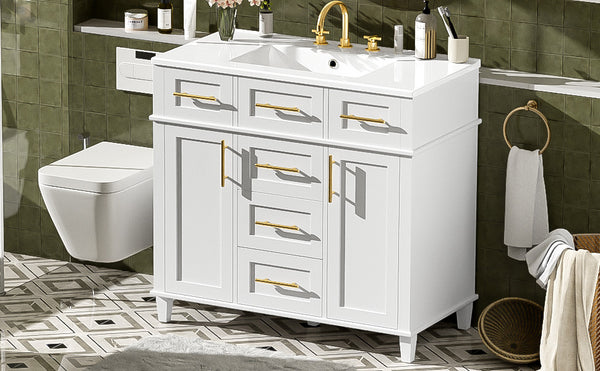 English Elm 36" White Bathroom Vanity Cabinet with Ceramic Sink, Gold Handles, Soft-Close Drawers & Adjustable Shelf N729P204177K