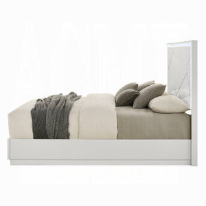 English Elm Ultra Modern white and silver high gloss Queen Bed with LED Headboard and Embossed Line Design Glossy White 84 L x 34 W x 7 H B2741S00747