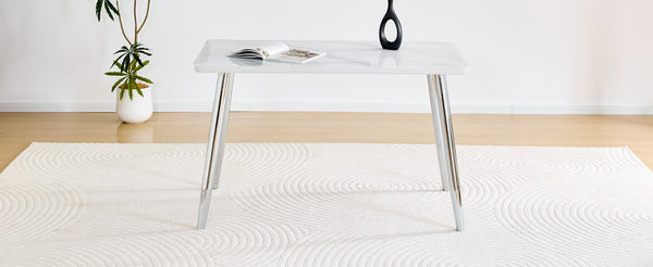 English Elm Modern Marble Look Glass Top Rectangular Dining Table Seats Six Silver Tapered Legs W1151S04623