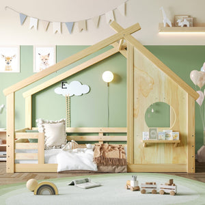 English Elm Twin House Bed Low Profile Pine Wood Frame with Shelf Montessori Kids Floor Sleeping Natural W5305P429643