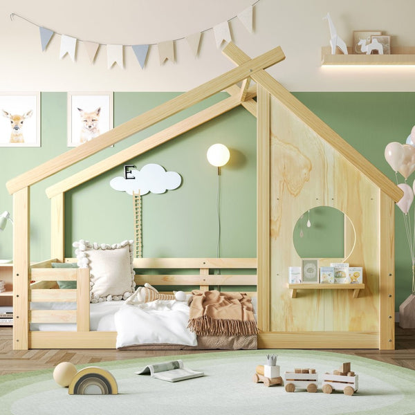 English Elm Twin House Bed Low Profile Pine Wood Frame with Shelf Montessori Kids Floor Sleeping Natural W5305P429643