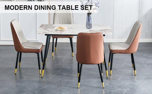 English Elm Table And Chair Set - 48.4" White Sintered Stone Dining Table With 4 Ergonomic Pu Chairs, Modern Style W1151S04208-GIGA