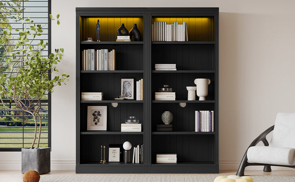 English Elm 83" 5-Tier Bookcase Suite with LED Light Strip, Adjustable Shelves, Cable Hole & 55lb Capacity, Black N751S246920B