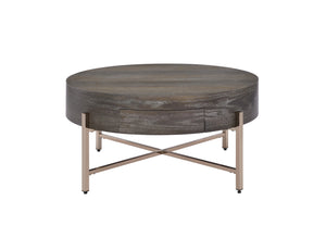English Elm Light Brown Drum Coffee Table with Single Drawer and Champagne Base — Oak Veneer, Modern Storage Elegance B062P209129