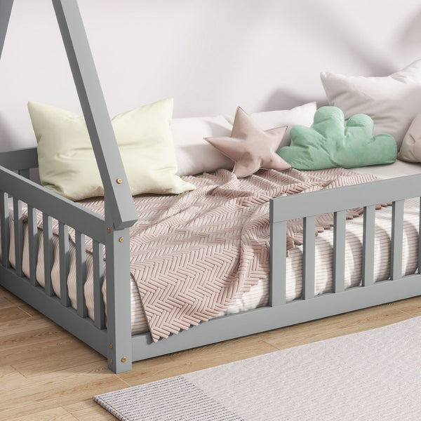 English Elm Twin Tent-Shaped Floor Bed With Guardrails, Grey Teepee Design For Safe Playful Sleep & Comfort W504P345774-GIGA