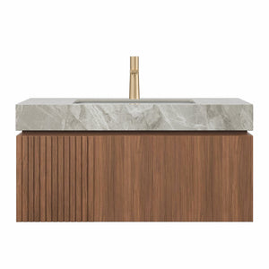 English Elm MURI Modern Wall-Mounted Vanity with Sintered Stone Top and Ceramic Basin, Plywood Cabinet, 39" Brown Oak,Light Gray W2615S00335