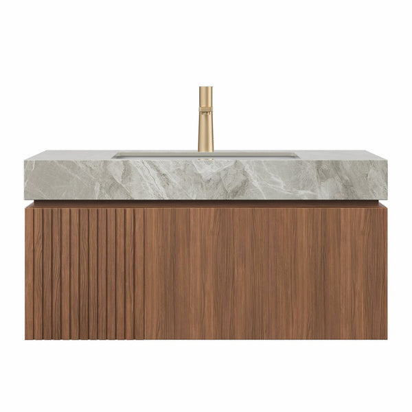 English Elm MURI Modern Wall-Mounted Vanity with Sintered Stone Top and Ceramic Basin, Plywood Cabinet, 39" Brown Oak,Light Gray W2615S00335