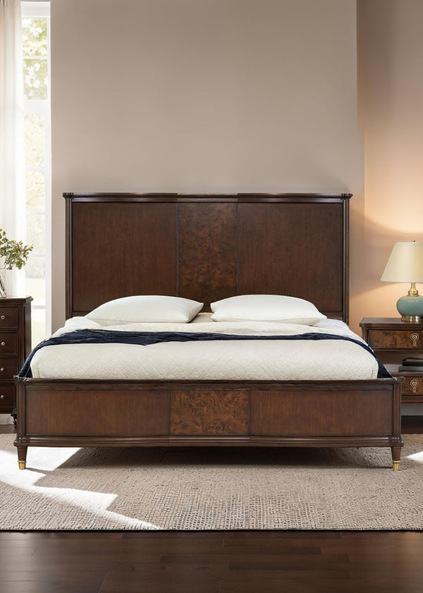 English Elm Transitional Eastern King Panel Bed Rubberwood Burl Veneer Gold Accent Feet B2741S00796