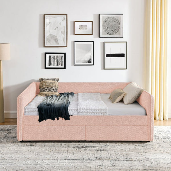 English Elm Queen Boucle Tufted Daybed Sofa with Storage Drawers Eucalyptus Frame Guest Room Pink W1413S00178