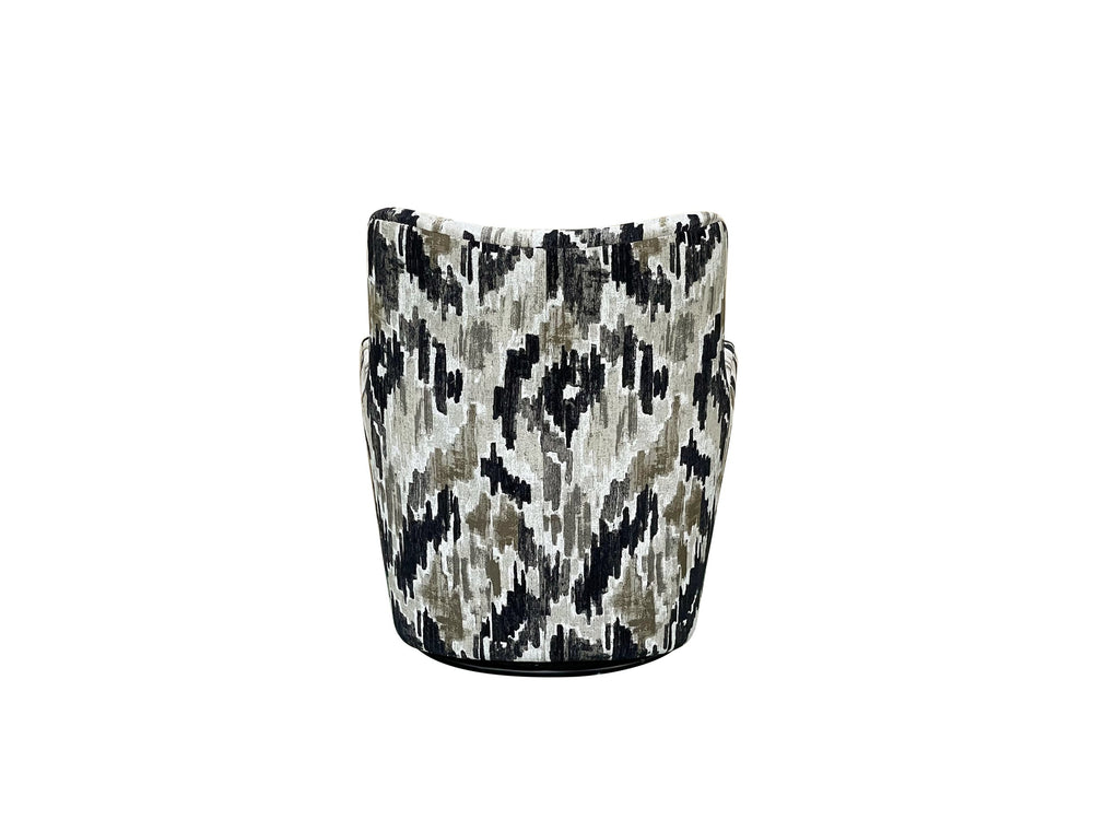 English Elm Swivel Beach Accent Chair White & Black Upholstered with Ikat Pattern, Sinuous Springs, Plush Dacron Cushions B2699P393058