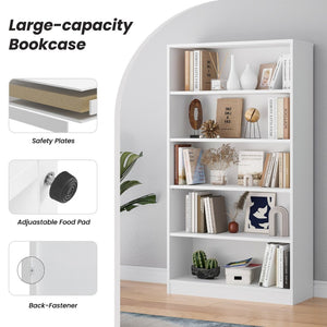 English Elm 5 Shelf Tall White Wood Bookcase with Adjustable Levels for Bedroom or Office T3623P383597