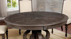 English Elm Dining Table 60 Inch Round Solid Wood Pedestal with Hand Carved Skirt and Inlay Natural+Rustic B2741P474000