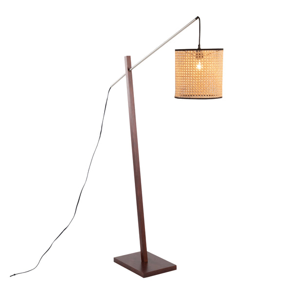 English Elm Arturo Contemporary Floor Lamp - Walnut Wood & Satin Nickel With Woven Rattan Shade For Cozy Spaces B202S01388