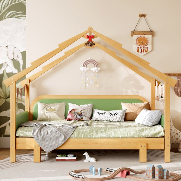 English Elm Twin Pine Treehouse Floor Bed with Padded Rails and Cabin Roofline for Kids Green W1580S00384