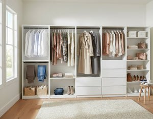 English Elm Prosper White Freestanding Walk-In Wood Closet System with Oak Finish, Durable Melamine Build, Modular Storage Solutions B040S00135