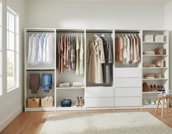 English Elm Prosper White Freestanding Walk-In Wood Closet System with Oak Finish, Durable Melamine Build, Modular Storage Solutions B040S00135