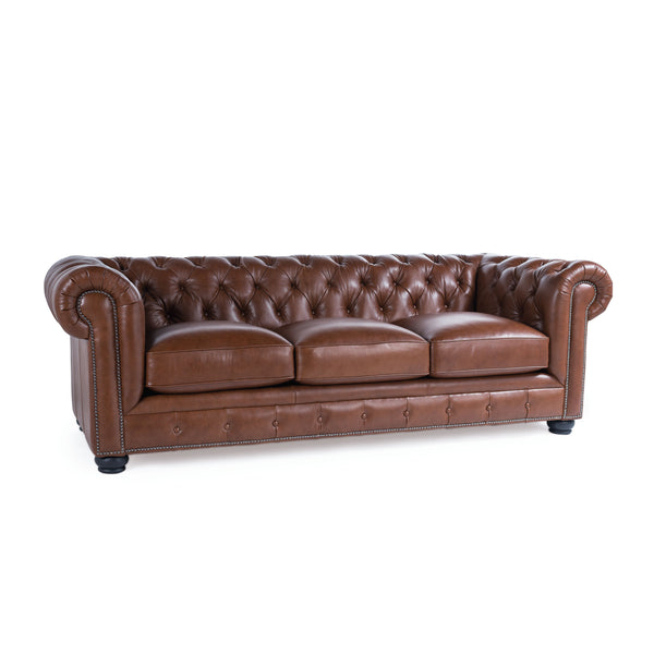 English Elm Traditional Tufted Leather Chesterfield Sofa with Feather-Down Cushions, Nailhead Trim & Wood Legs Light Brown B193P200141