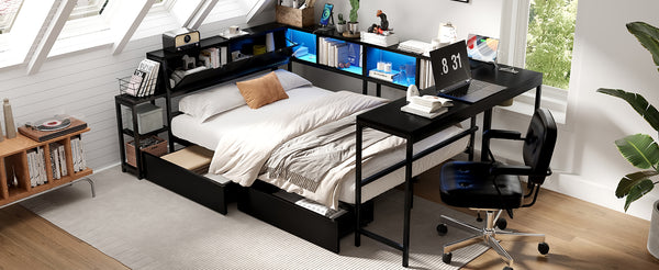 English Elm Corner Bed Frame Full Size With Bookcase & Storage Drawers, Led Light & Charging Station, Black W1670P357171