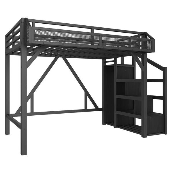 English Elm Twin Metal Loft Bed with Wardrobe Storage Stairs Led Lighting and Usb Ports W1580S00405