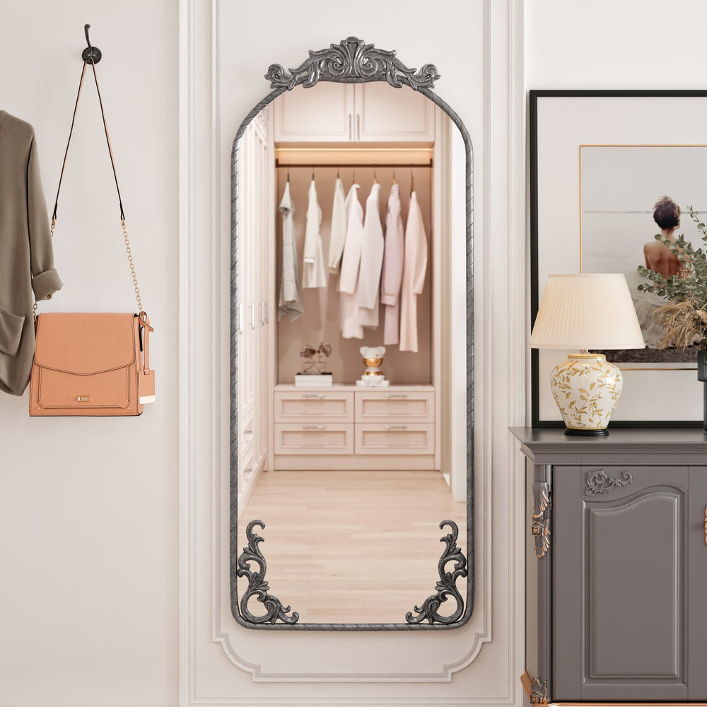 English Elm 58"X24" Arched Full Body Mirror - Vintage Ornate Antique Silver Wall Decor For Living Rooms & Bedrooms W757P286274