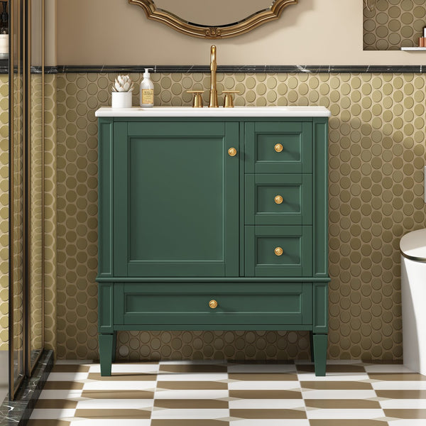 English Elm 30 30 Inch Bathroom Vanity with Ceramic Sink, Modern Compact 3-Drawer Storage Cabinet for Small Baths Green N710P247499F