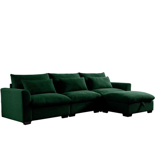 English Elm Corduroy Sectional Sofa - L-Shaped Couch With Storage Footstool & 3 Pillows, Stylish Comfort For Any Room W714S00671