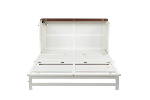 English Elm Murphy Cabinet Queen Bed Solid Pine Frame with Built-in Charging Station for Guest Rooms White+Walnut W504S00193