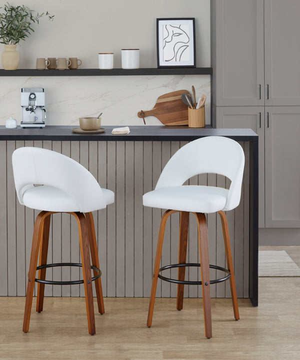 English Elm Fixed-height Mid-century Barstools with Walnut Legs and Grey Upholstered Seats Set Black,White+Walnut B202S01940