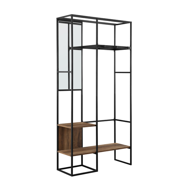 English Elm Walker Edison - Modern Metal and Wood Hall Tree with Hanging Storage, Rustic Oak Finish, Steel Pegs & Shelves for Entryway Organization B185P169093