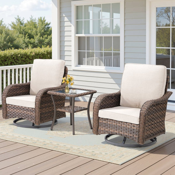 English Elm 3 Piece Outdoor Bistro Set Swivel Rocker Chairs Pe Rattan Wicker Patio Side Table Beige T3773P417374