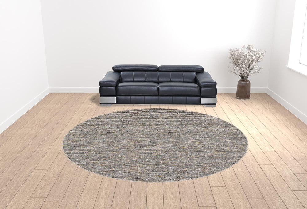 Homeroots 12' Round Grey Blue And Yellow Round Wool Hand Loomed Handmade Area Rug  Wool 493168