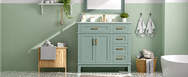 English Elm 36" Green Modern Bathroom Vanity with Ceramic Sink, 4 Soft-Close Drawers & Doors, Solid Wood Build N729P253935F