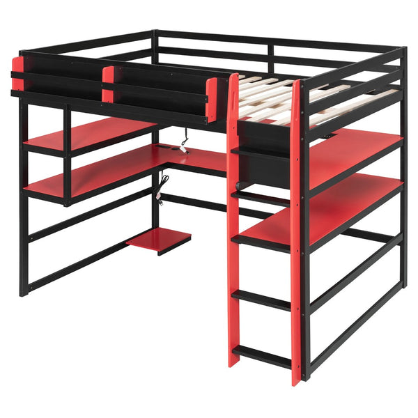 English Elm Full Size Gaming Loft Bed with Rgb Lights Wraparound Shelves and Built-in Usb Ports Red LT000299AAJ