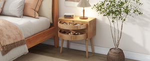 English Elm Rotating Rattan Nightstand Push Open Hidden Storage Mid Century Wood Leg Bedside Natural N761P288451M