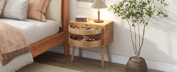 English Elm Rotating Rattan Nightstand Push Open Hidden Storage Mid Century Wood Leg Bedside Natural N761P288451M