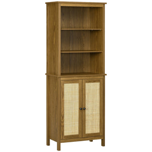 English Elm HOMCOM Rustic Rattan Bookcase with Cabinet & 3 Adjustable Open Shelves, Tall Walnut Storage Unit W2225P173972