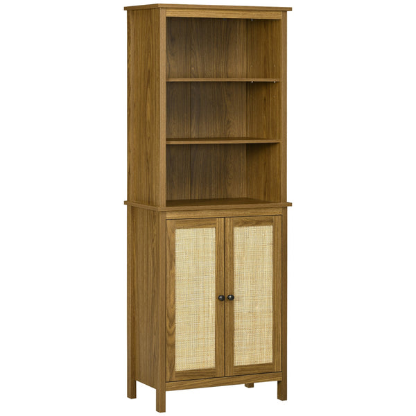English Elm HOMCOM Rustic Rattan Bookcase with Cabinet & 3 Adjustable Open Shelves, Tall Walnut Storage Unit W2225P173972