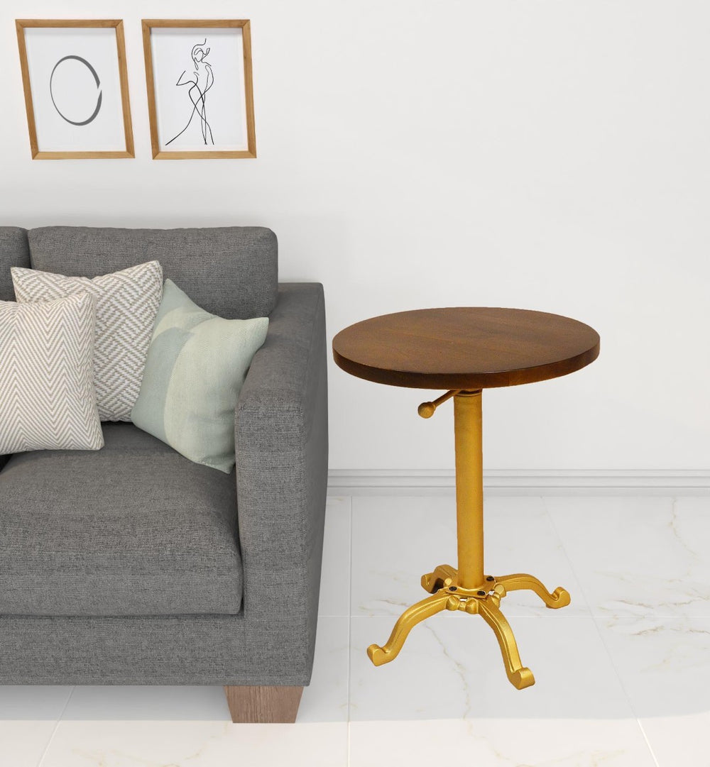 HomeRoots 22" Gold and Elm Round End Table - Elegant Solid Wood Nightstand with Versatile Functionality & Style 493233