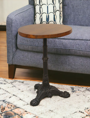 Homeroots 28" Black And Wood Brown Solid Wood And Iron Round End Table   493237