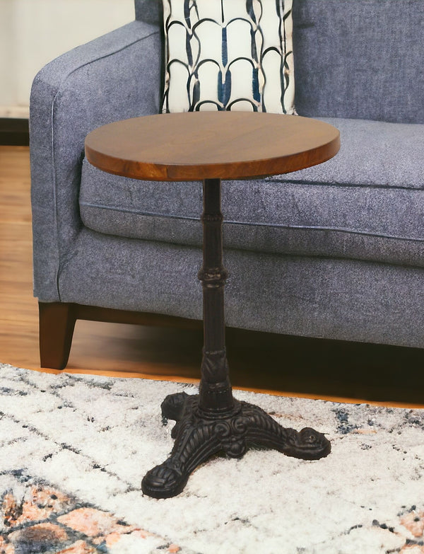 Homeroots 28" Black And Wood Brown Solid Wood And Iron Round End Table   493237