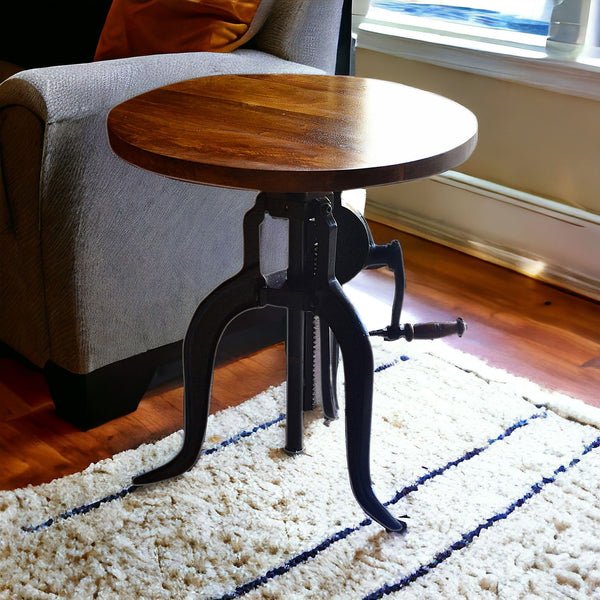 Homeroots 19" Black And Chestnut Solid Wood And Iron Height Adjustable Round End Table   493238