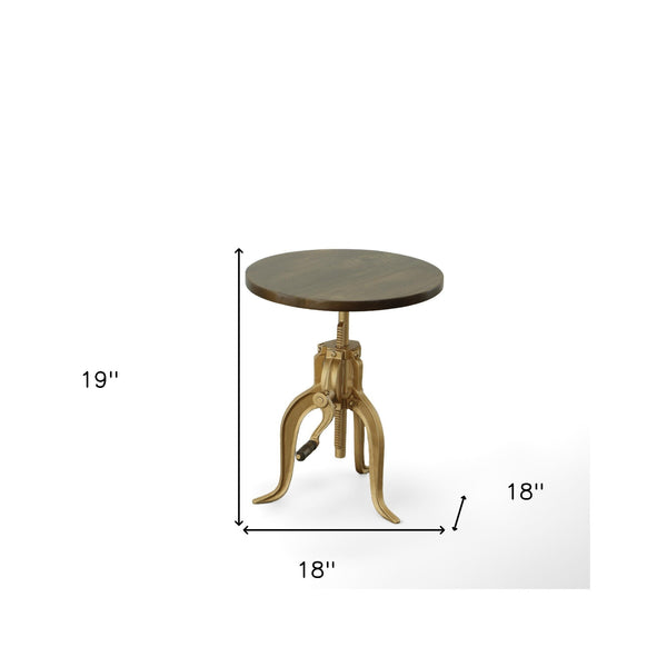 Homeroots 19" Brass Solid Wood And Iron Height Adjustable Round End Table   493239